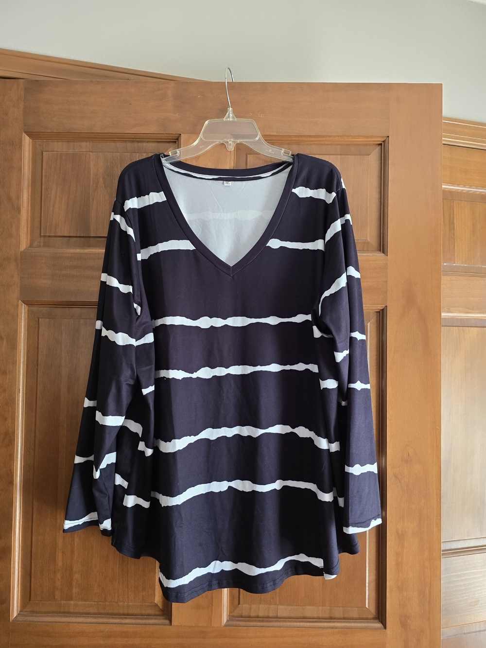 Women’s Black and White Striped V-Neck Top